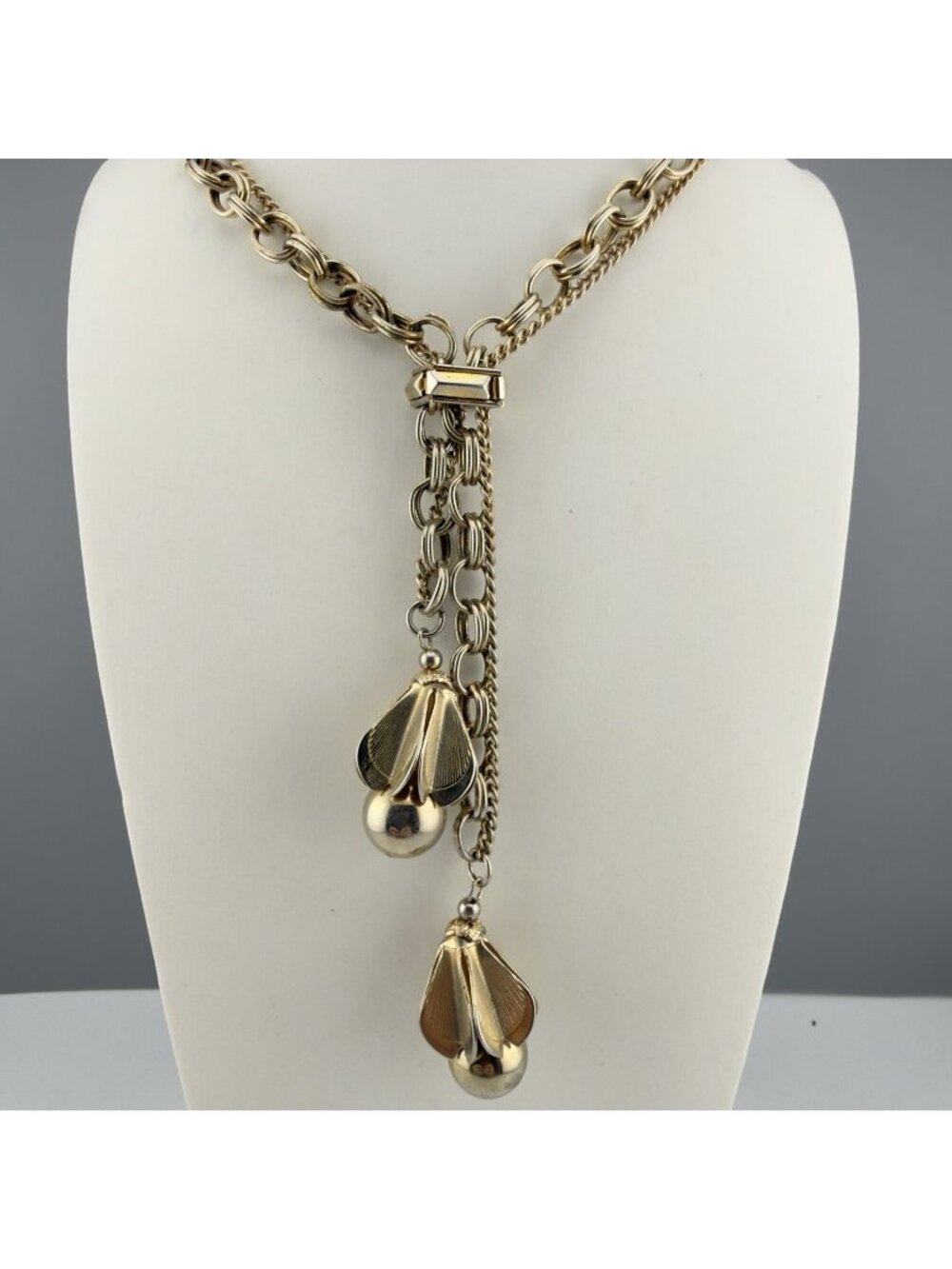 Vintage Gold Tone Tassel Necklace Pendant Statement Mid Century 24”